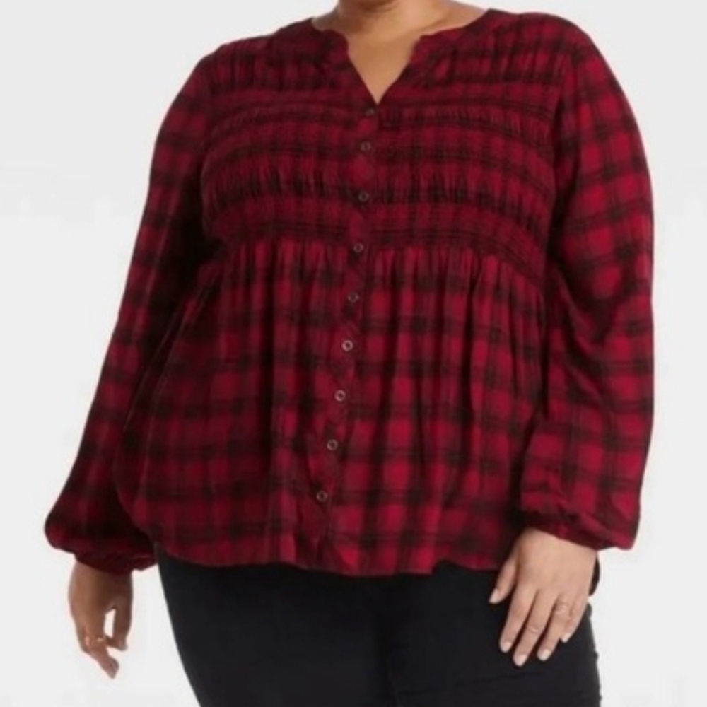 Knox Rose Button Front Long Sleeve Smocked Top Red Plaid High Low Hem Rayon XL